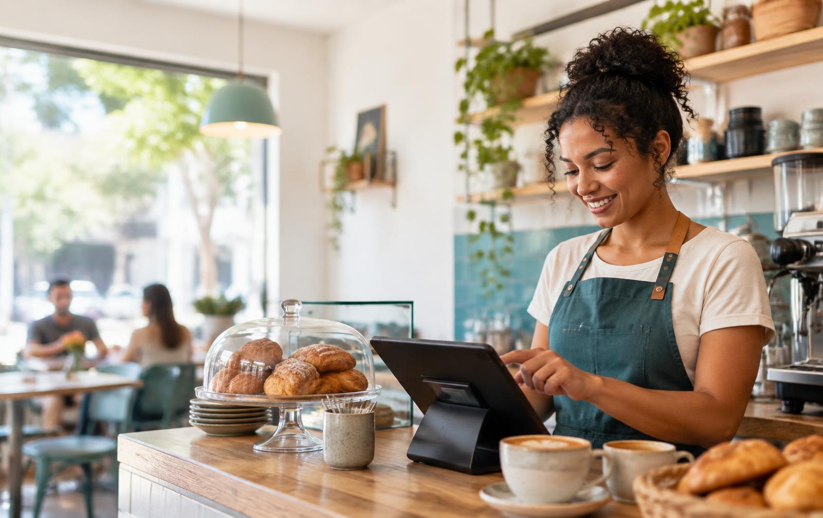 Dona de cafeteria utilizando um tablet no balcão